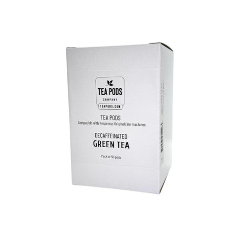 Box of tea pods decaf green tea on a white background decaffeinated capsules