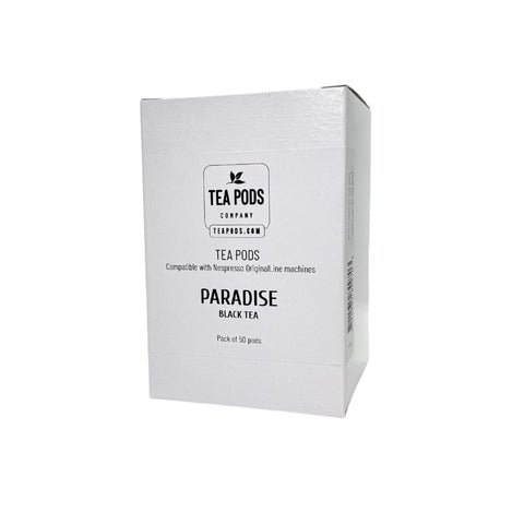 Box of tea pods paradise blend of black teas on a white background rose and peach capsules for business hotels offices and hospitality service 