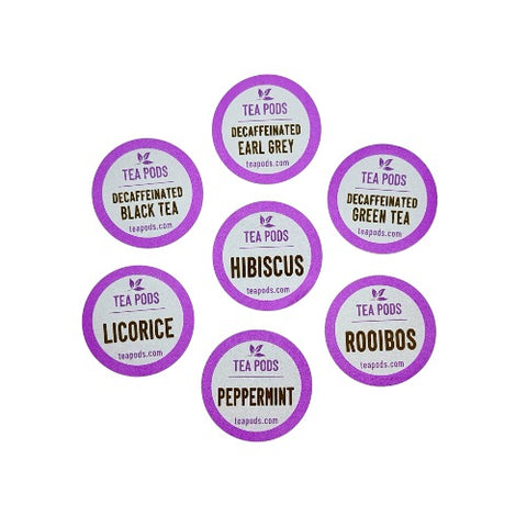 Assorted decaf tea pods compatible with K-Cup brewing systems including black tea green tea peppermint rooibos and hibiscus